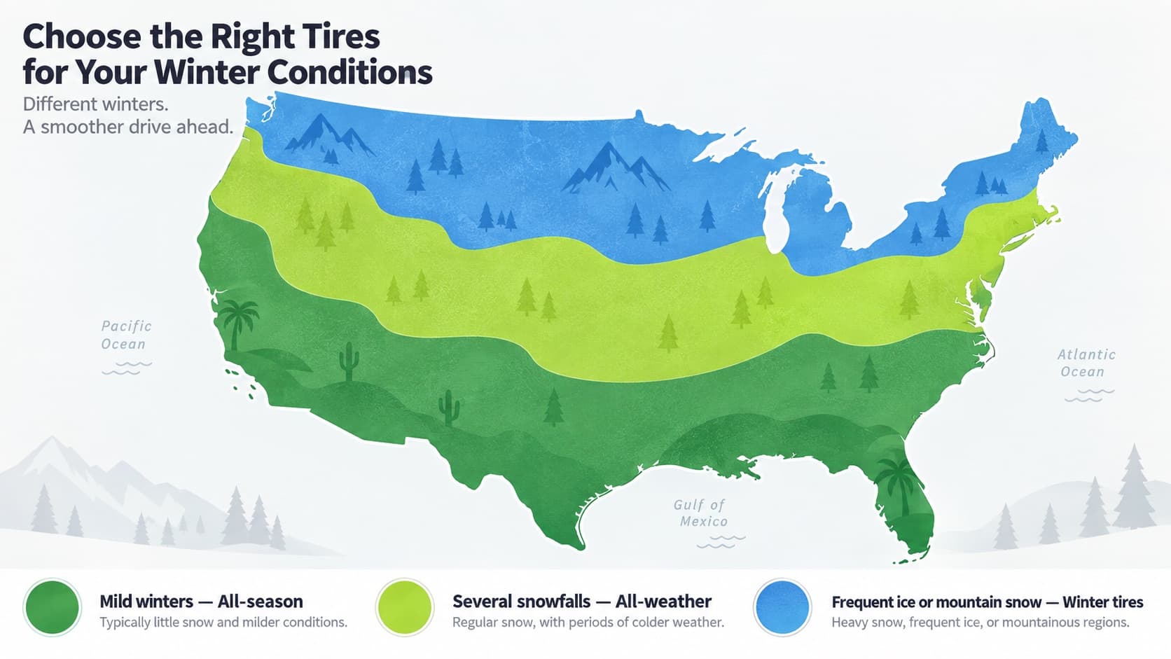 Map showing where all-season, all-weather, and winter tires fit best