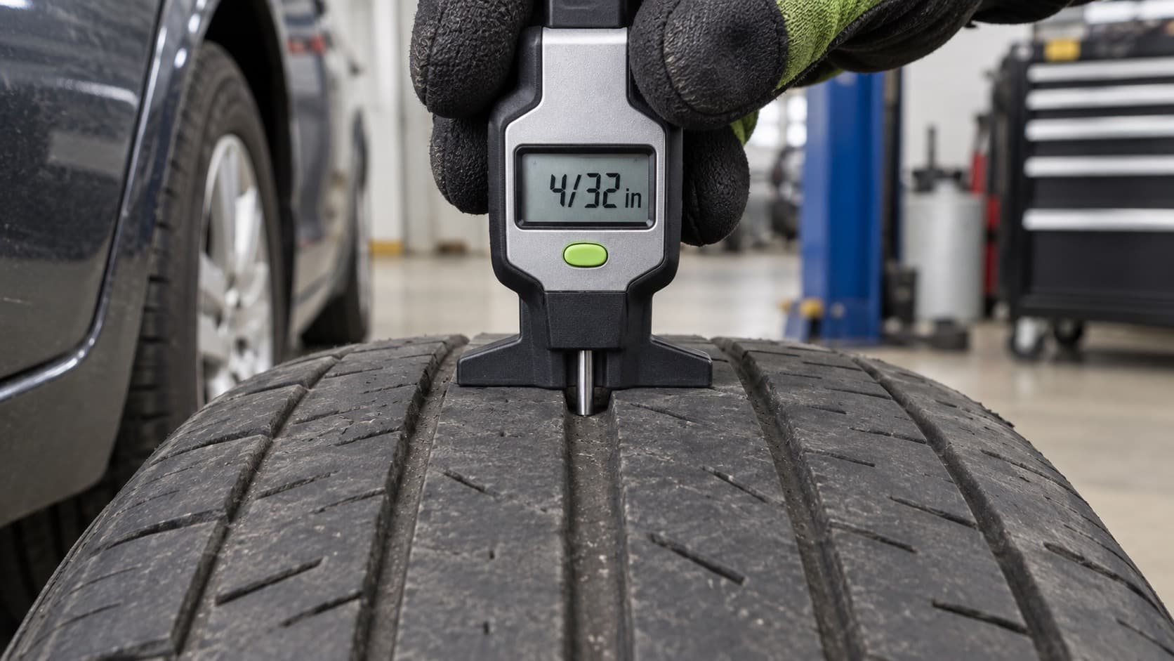 Tread depth gauge showing 4/32 inch in a tire groove