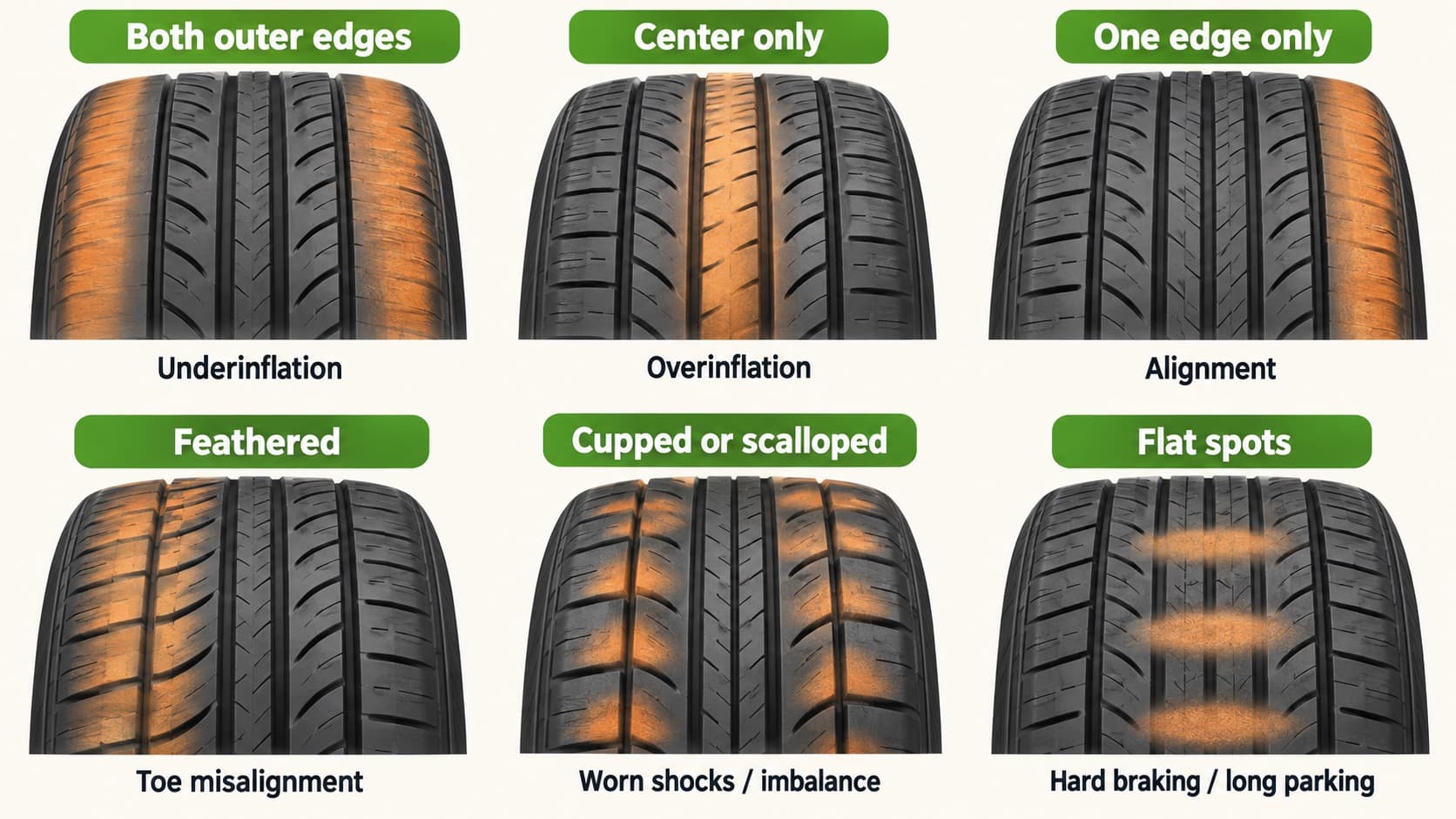 Diagram of tire wear patterns from underinflation, overinflation, and misalignment