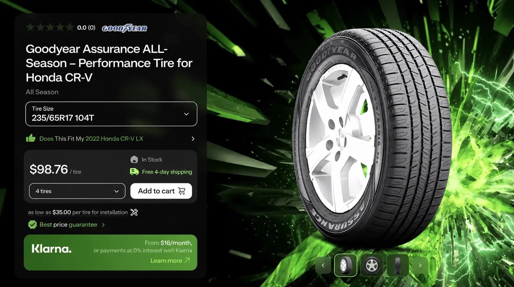 TireDeals “Does this fit my vehicle?” checker on a product page