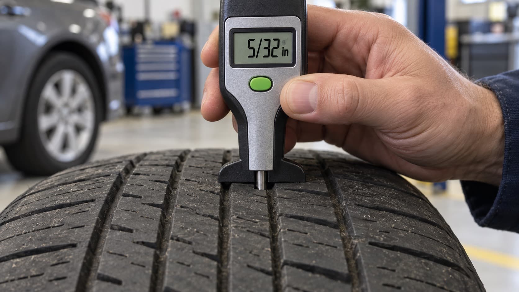 Tread depth gauge measuring 5/32 inch on a front tire