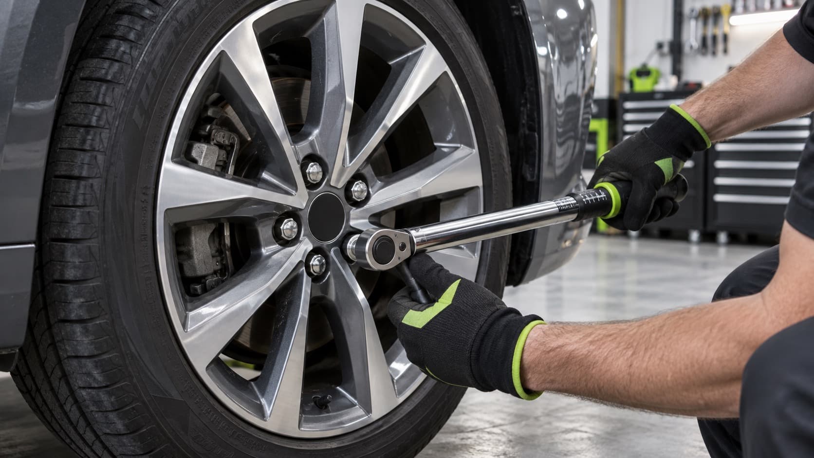 Torque wrench tightening lug nuts in a star pattern