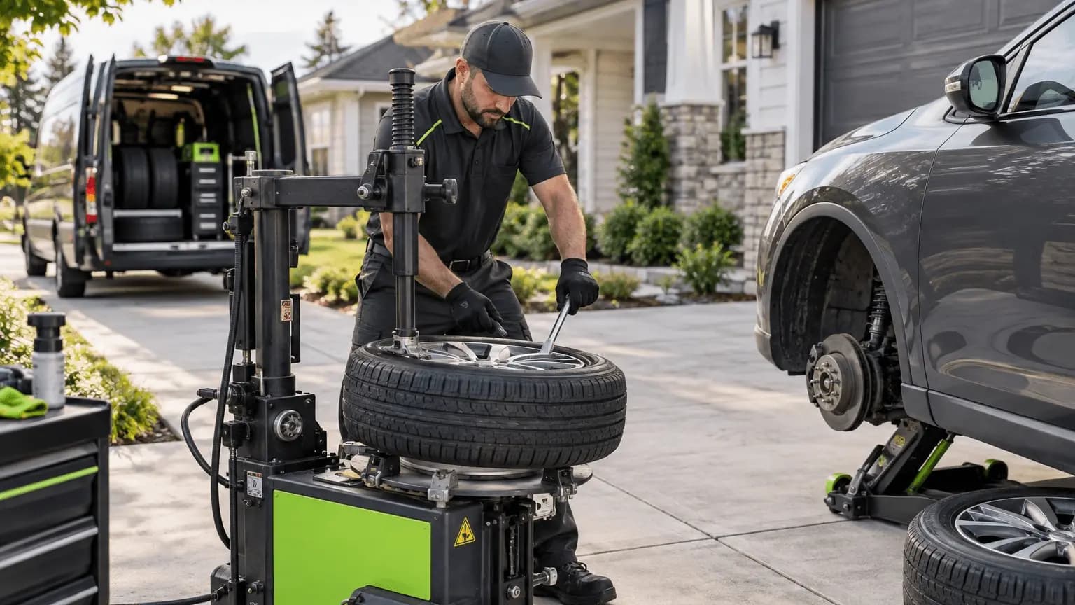 Mobile tire installer mounting a new tire at a customer’s home