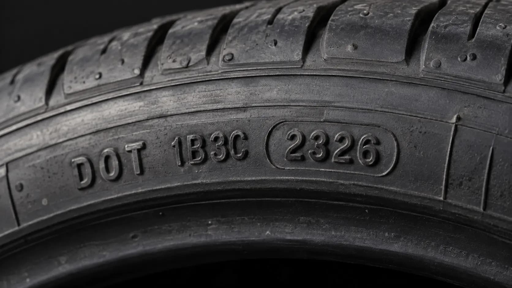 DOT code on a tire sidewall showing manufacture week and year