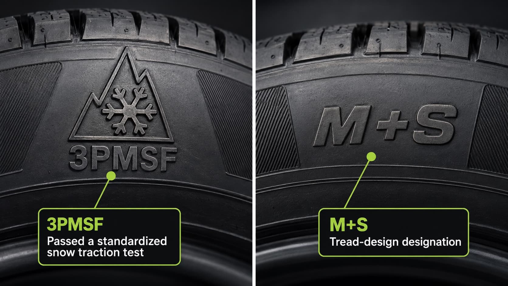 Three-Peak Mountain Snowflake and M+S markings on a tire sidewall