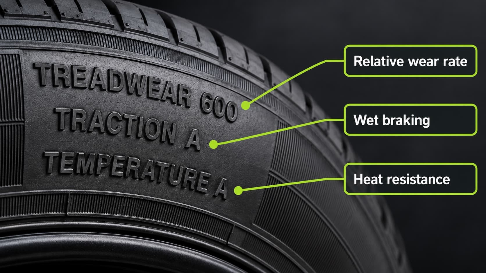 UTQG marking showing Treadwear 600, Traction A, and Temperature A