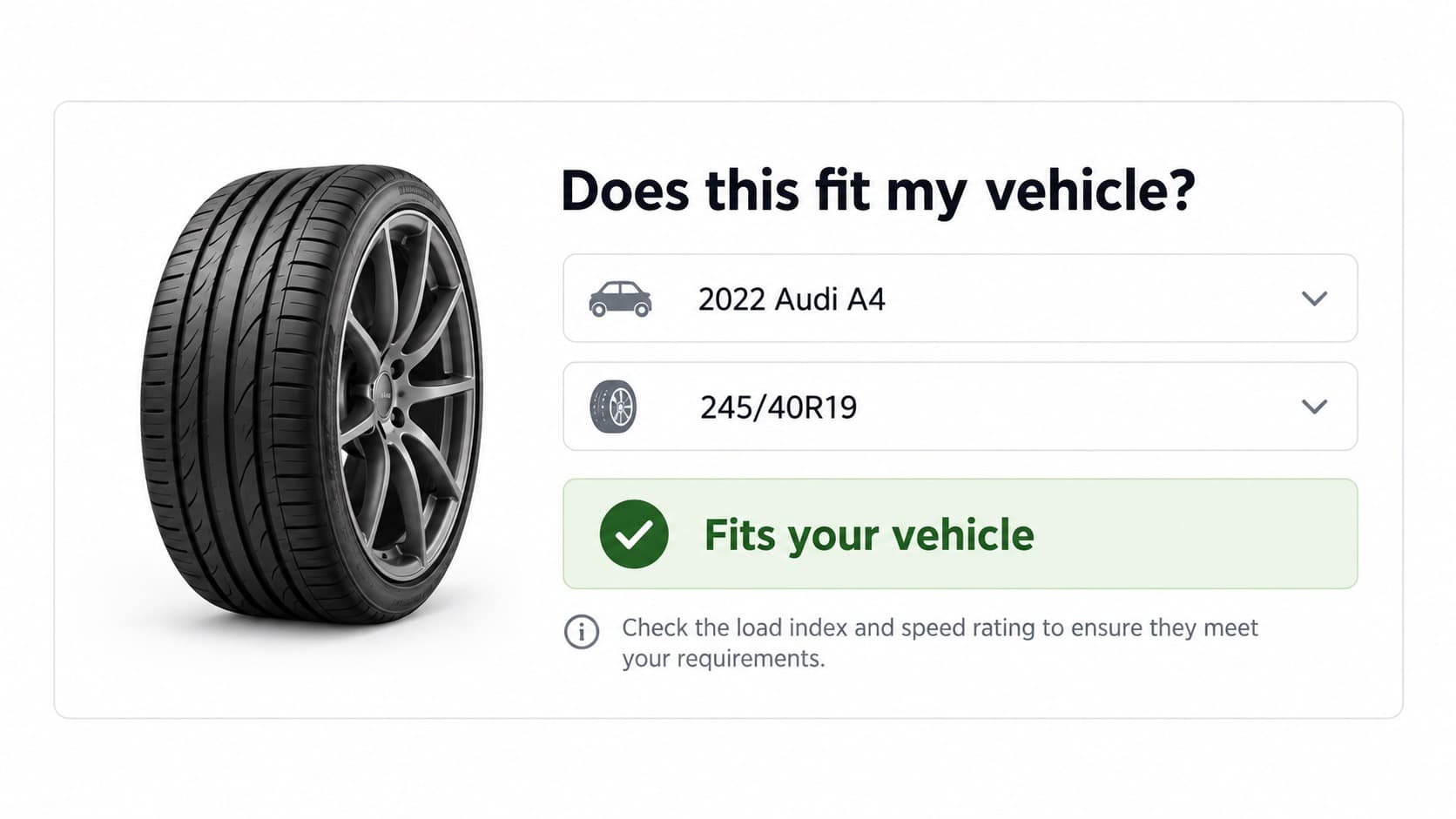 TireDeals fitment checker confirming a plus-size tire fits