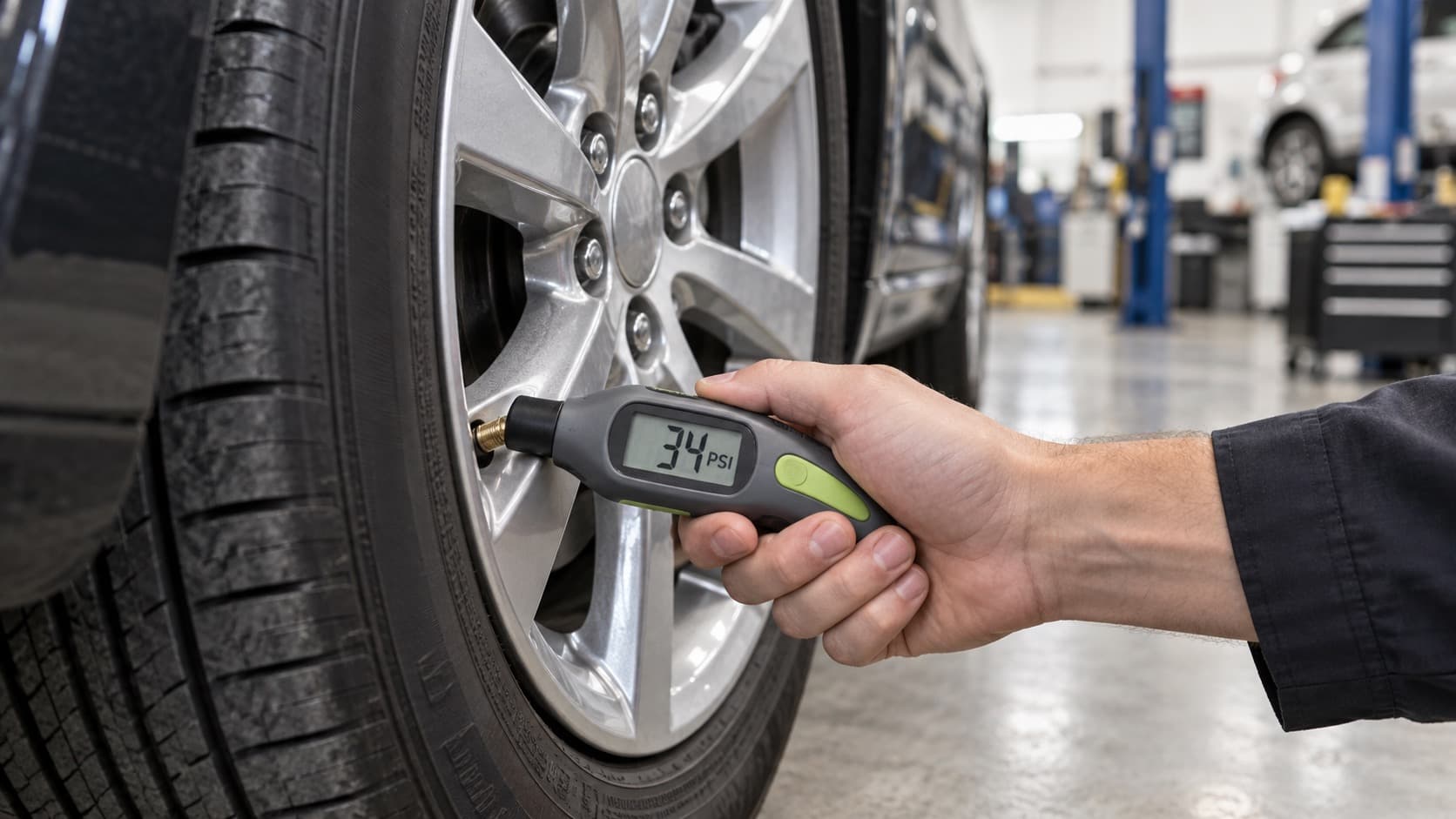 Digital tire pressure gauge reading 34 PSI on a valve stem