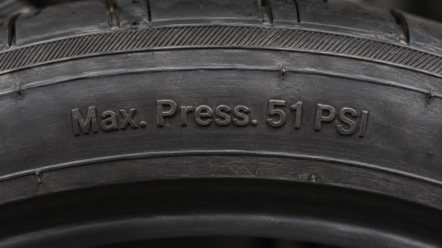 Tire sidewall marking showing maximum pressure of 51 PSI