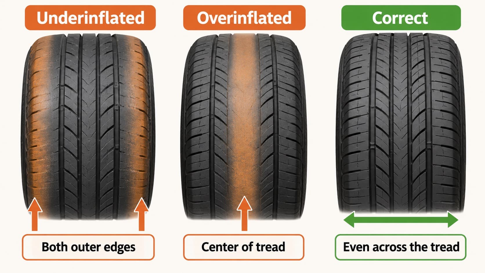 Diagram comparing tread wear from underinflation and overinflation