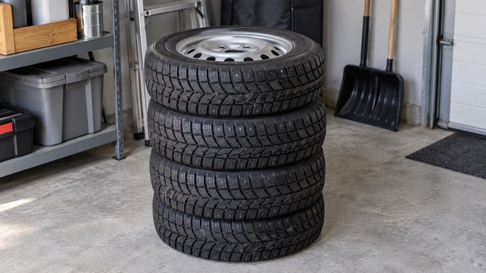 Set of winter tires on steel wheels stacked for storage