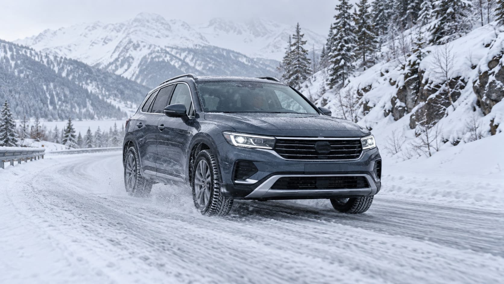 Car braking on a snow-covered road on winter tires